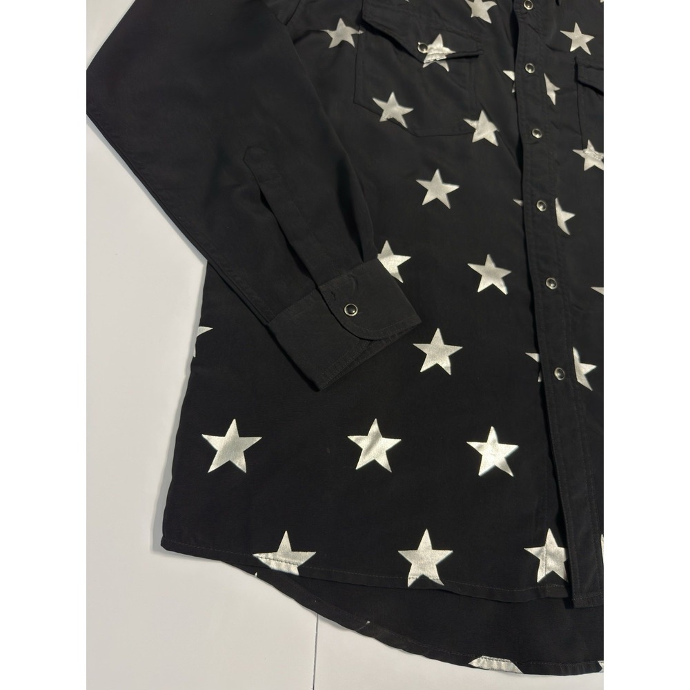 VTG 90s Wrangler Western Mens Pearl Snap Shirt L Metallic Silver Stars Cowboy - Picture 4 of 10
